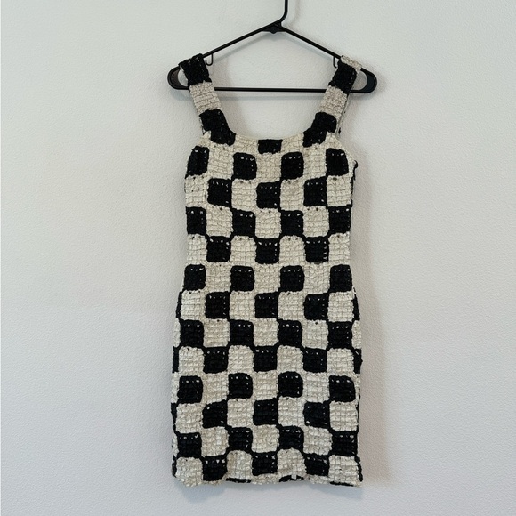 Nanushka Najya Black Cream Checked Square Neck Recycled Ribbons Mini Dress M - Picture 5 of 16